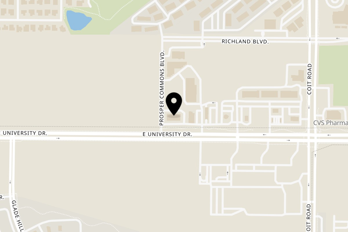 Map showing the location of Roots & Rise Café on 2111 E University Dr Ste 40 in Prosper